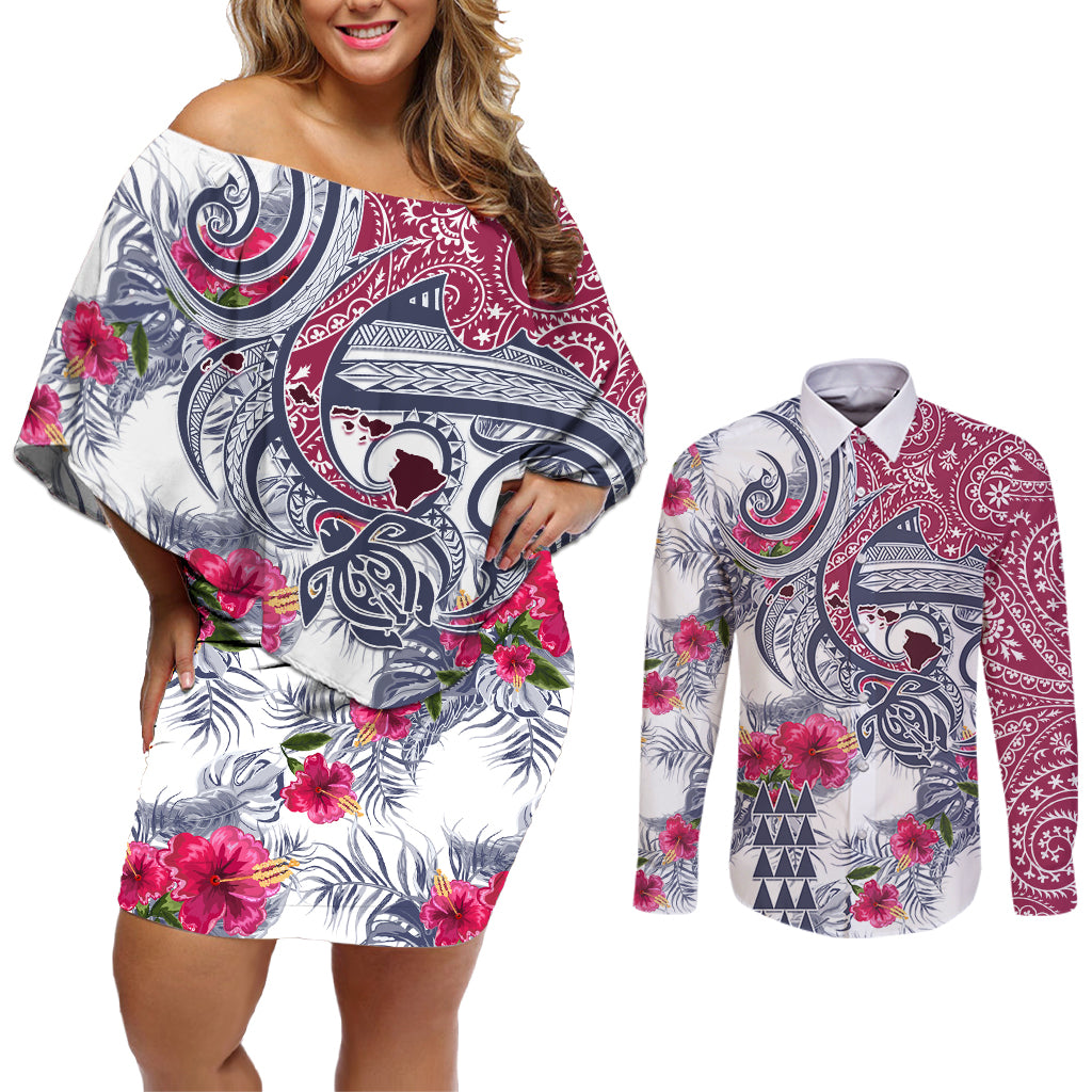 Hawaii Kakau Mix Paisley Pattern Couples Matching Off Shoulder Short Dress and Long Sleeve Button Shirt Polynesian Tropical Unique Style - Wonder Print Shop