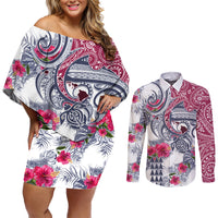 Hawaii Kakau Mix Paisley Pattern Couples Matching Off Shoulder Short Dress and Long Sleeve Button Shirt Polynesian Tropical Unique Style - Wonder Print Shop