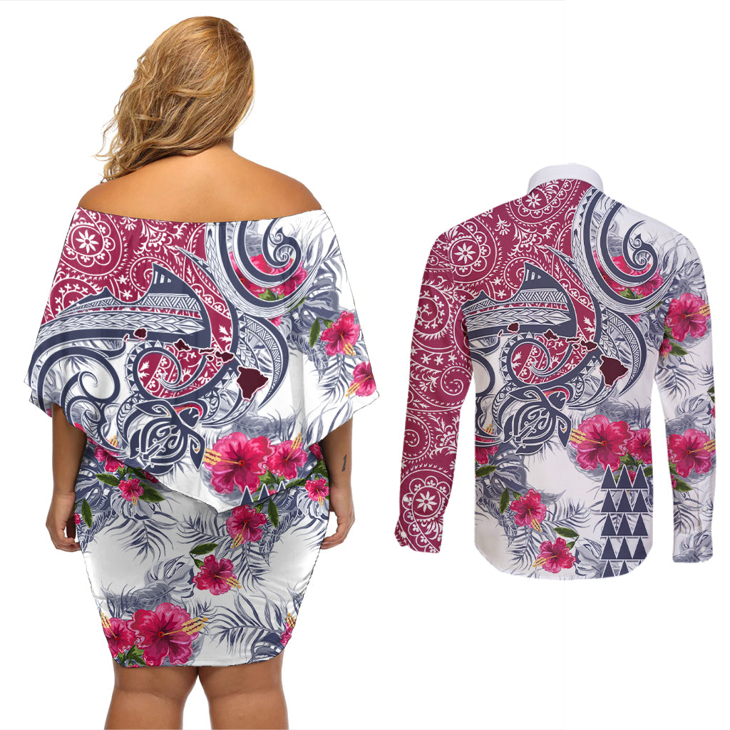 Hawaii Kakau Mix Paisley Pattern Couples Matching Off Shoulder Short Dress and Long Sleeve Button Shirt Polynesian Tropical Unique Style - Wonder Print Shop