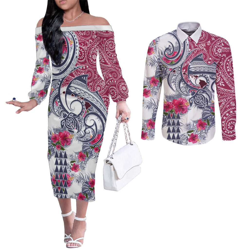 hawaii-kakau-mix-paisley-pattern-couples-matching-off-the-shoulder-long-sleeve-dress-and-long-sleeve-button-shirt-polynesian-tropical-unique-style
