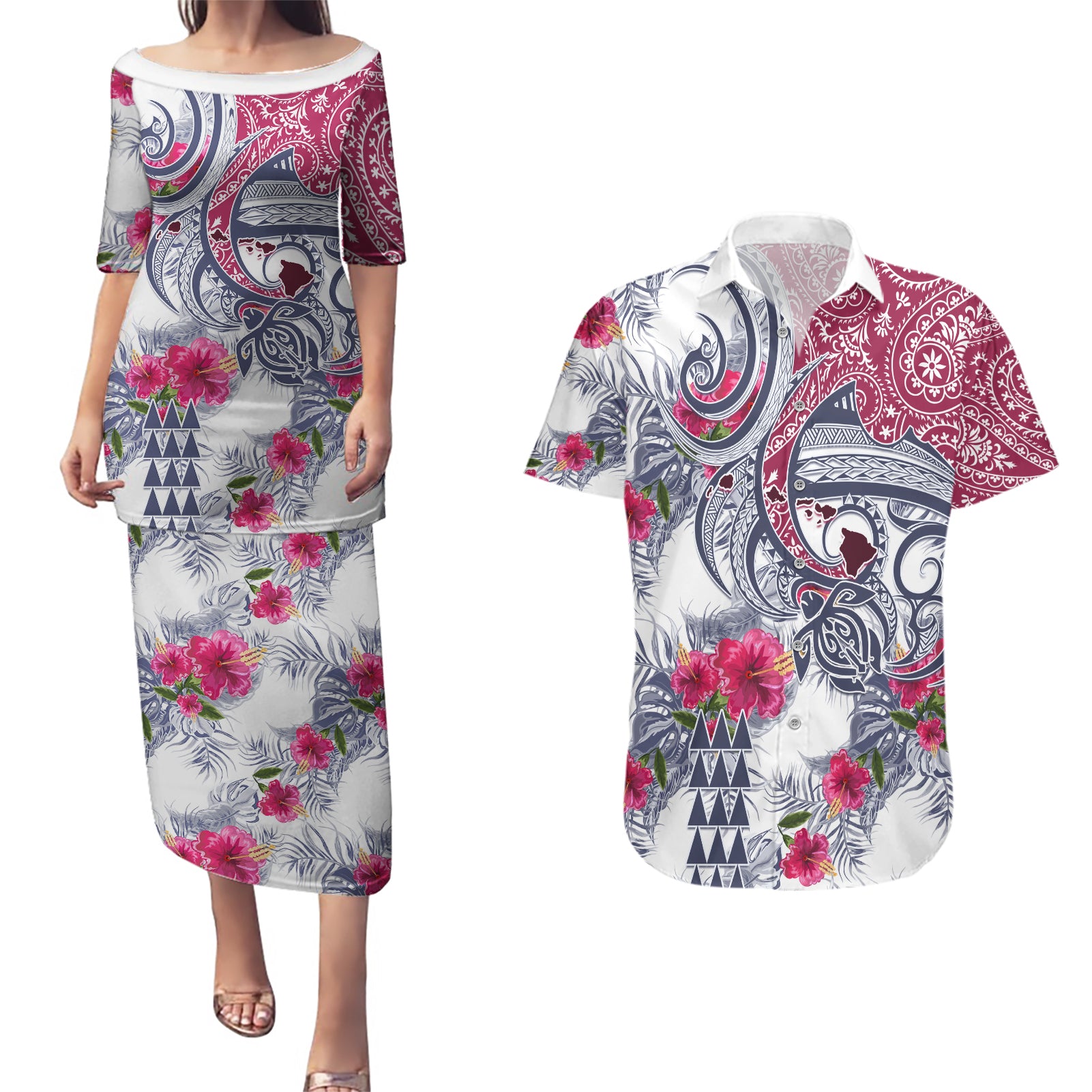 Hawaii Kakau Mix Paisley Pattern Couples Matching Puletasi Dress and Hawaiian Shirt Polynesian Tropical Unique Style - Wonder Print Shop