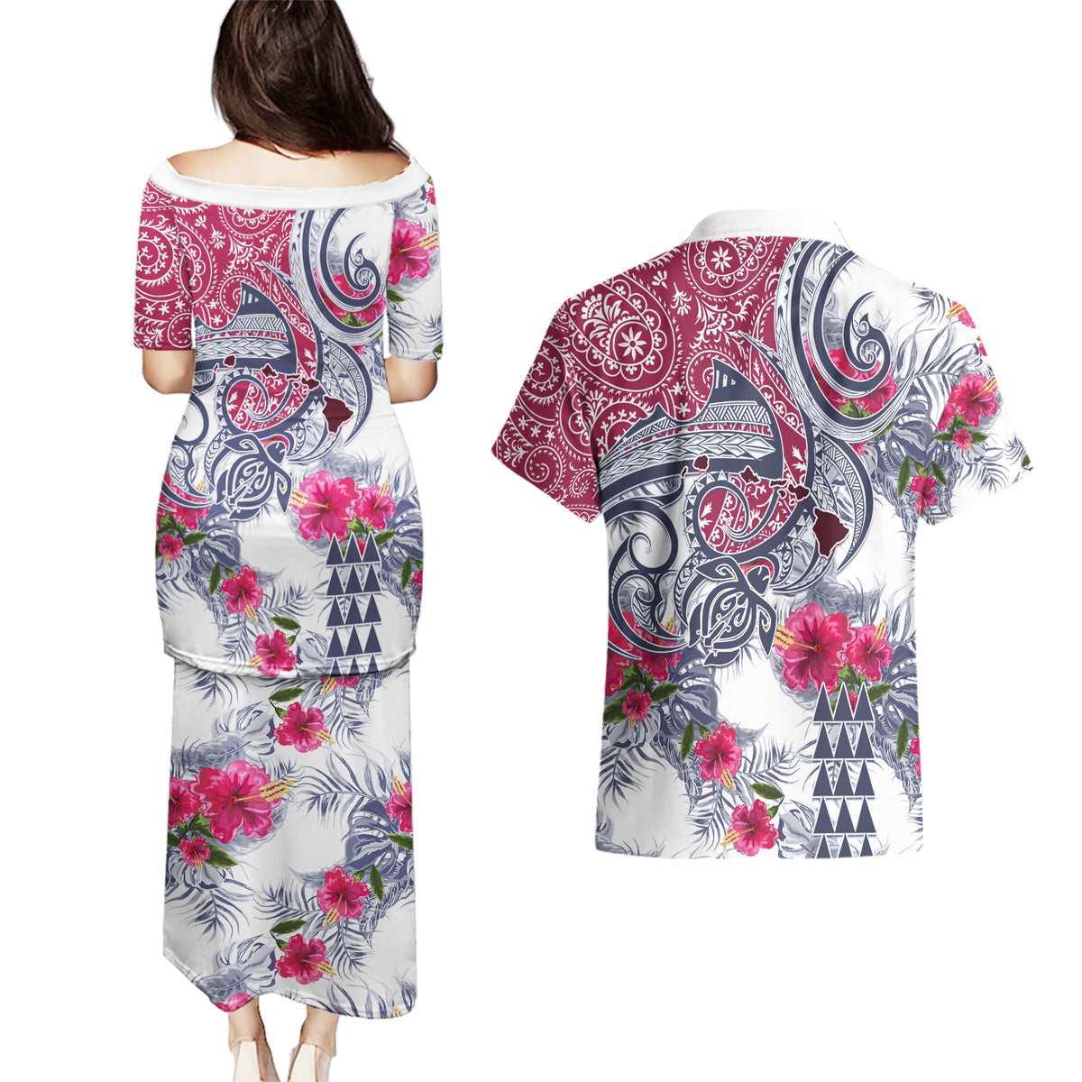 Hawaii Kakau Mix Paisley Pattern Couples Matching Puletasi Dress and Hawaiian Shirt Polynesian Tropical Unique Style - Wonder Print Shop