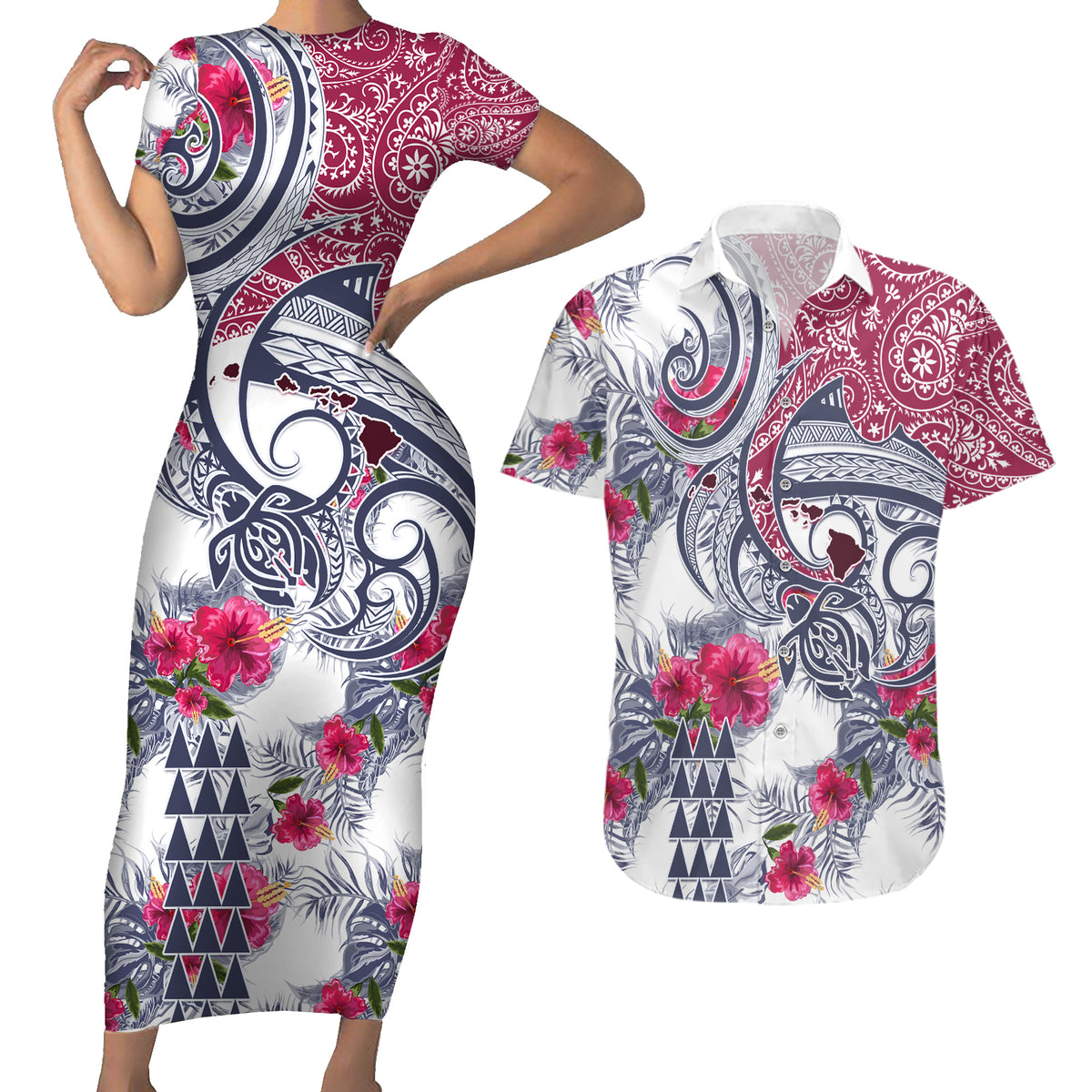 Hawaii Kakau Mix Paisley Pattern Couples Matching Short Sleeve Bodycon Dress and Hawaiian Shirt Polynesian Tropical Unique Style - Wonder Print Shop