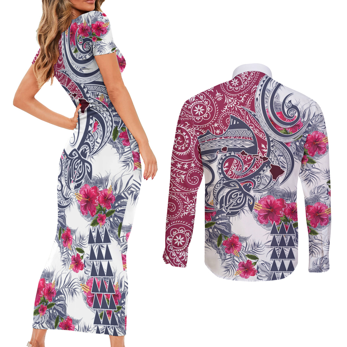 Hawaii Kakau Mix Paisley Pattern Couples Matching Short Sleeve Bodycon Dress and Long Sleeve Button Shirt Polynesian Tropical Unique Style - Wonder Print Shop