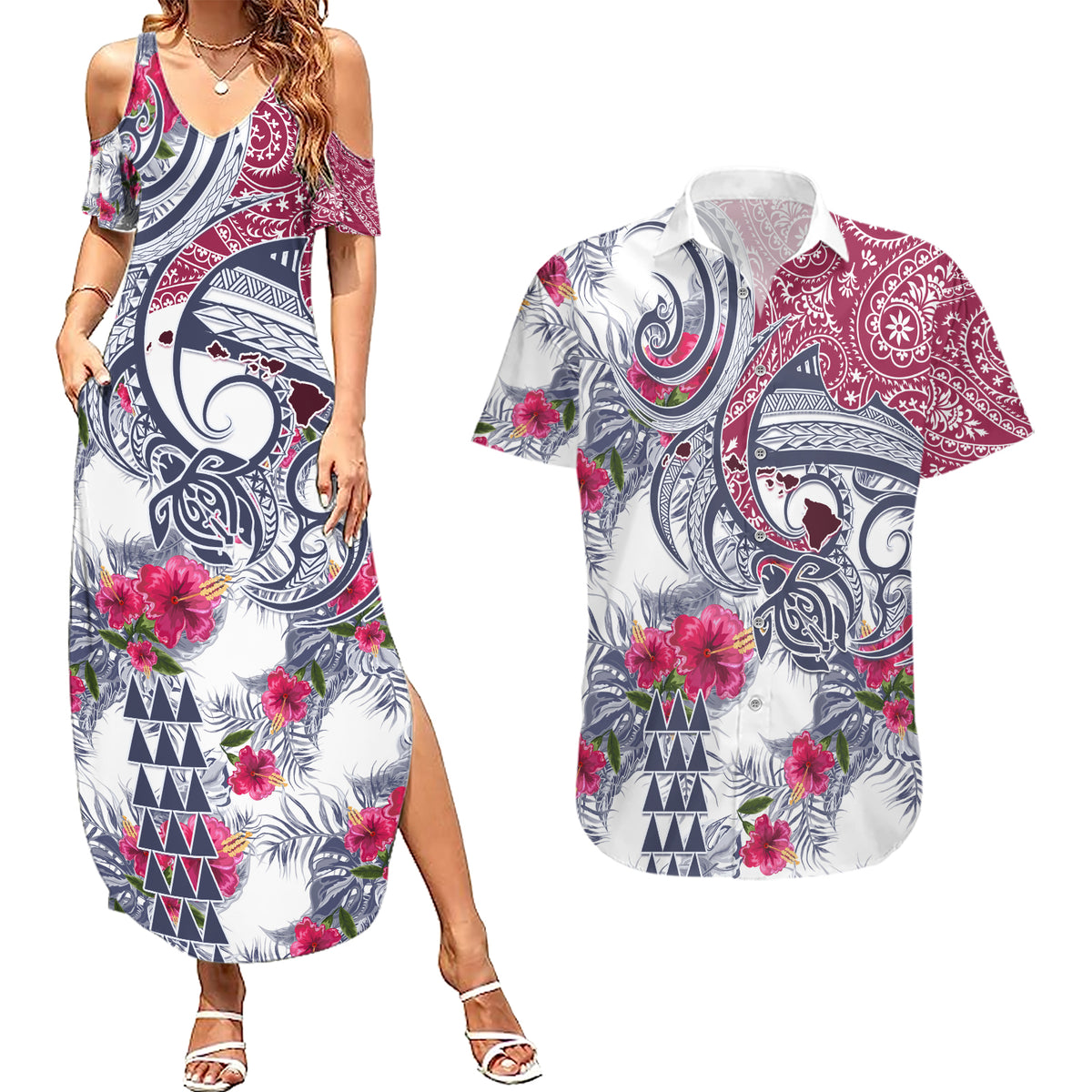 Hawaii Kakau Mix Paisley Pattern Couples Matching Summer Maxi Dress and Hawaiian Shirt Polynesian Tropical Unique Style - Wonder Print Shop