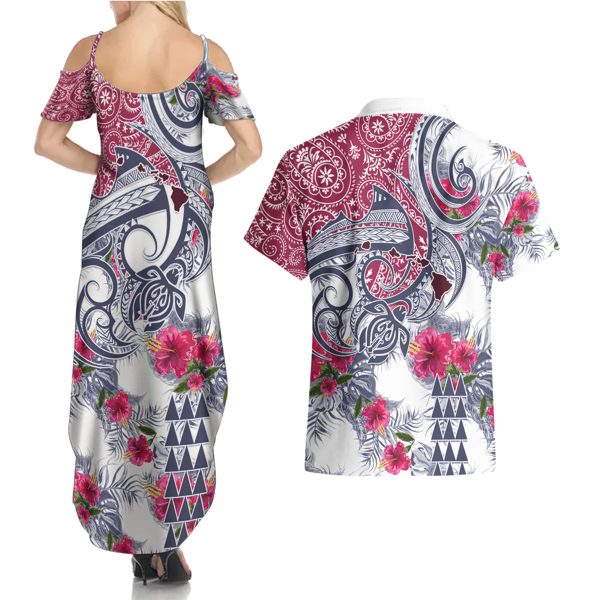 Hawaii Kakau Mix Paisley Pattern Couples Matching Summer Maxi Dress and Hawaiian Shirt Polynesian Tropical Unique Style - Wonder Print Shop