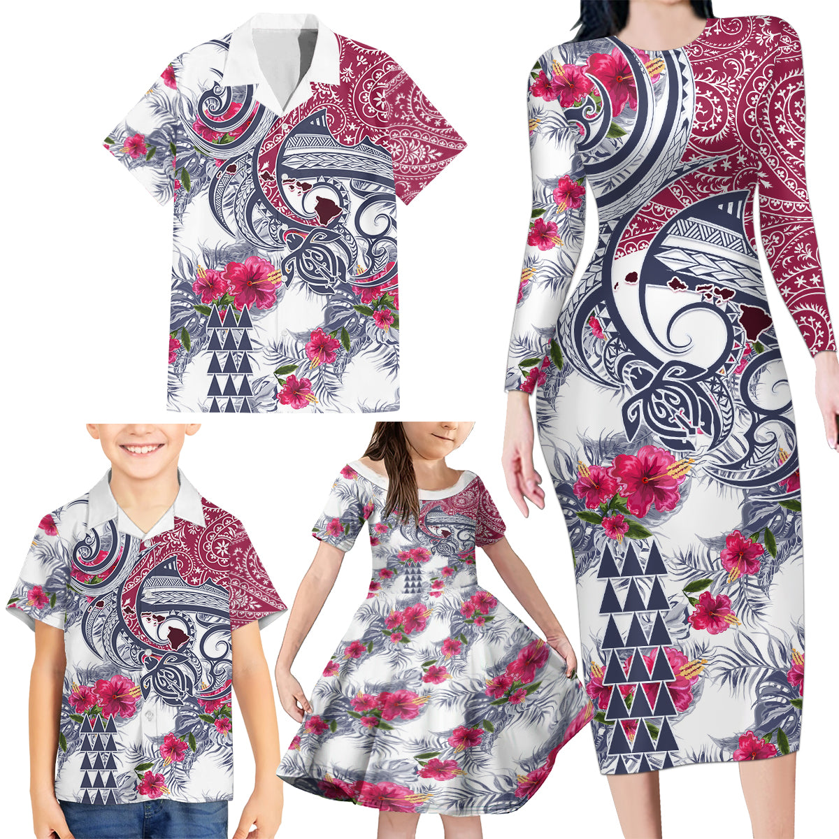 Hawaii Kakau Mix Paisley Pattern Family Matching Long Sleeve Bodycon Dress and Hawaiian Shirt Polynesian Tropical Unique Style - Wonder Print Shop