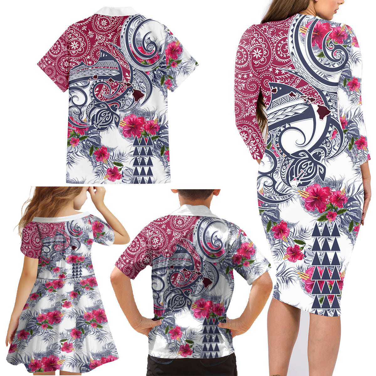Hawaii Kakau Mix Paisley Pattern Family Matching Long Sleeve Bodycon Dress and Hawaiian Shirt Polynesian Tropical Unique Style - Wonder Print Shop