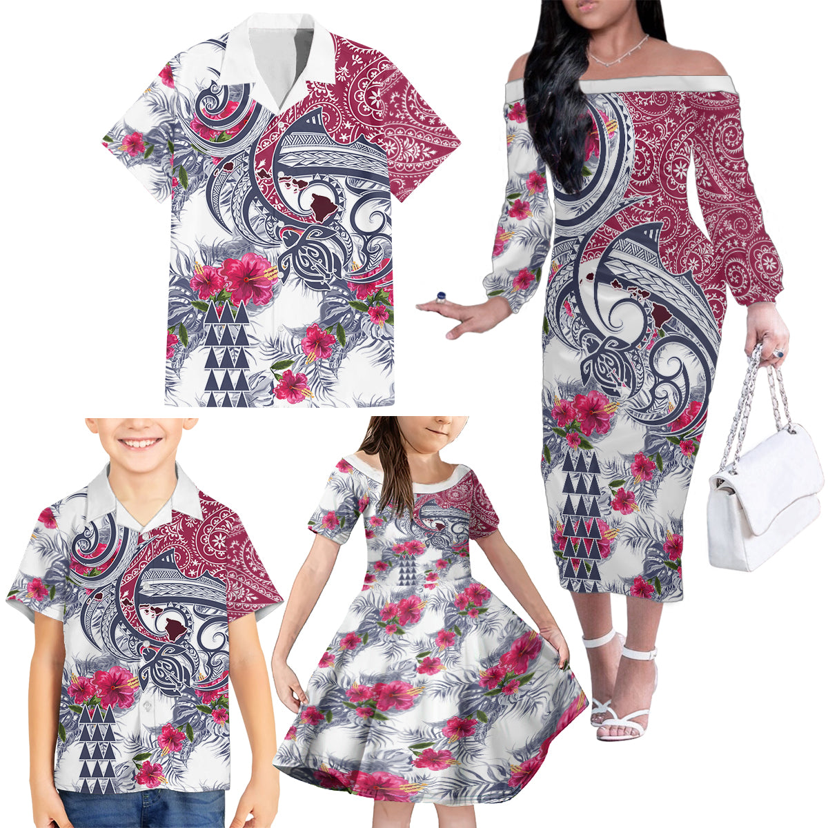 Hawaii Kakau Mix Paisley Pattern Family Matching Off Shoulder Long Sleeve Dress and Hawaiian Shirt Polynesian Tropical Unique Style - Wonder Print Shop