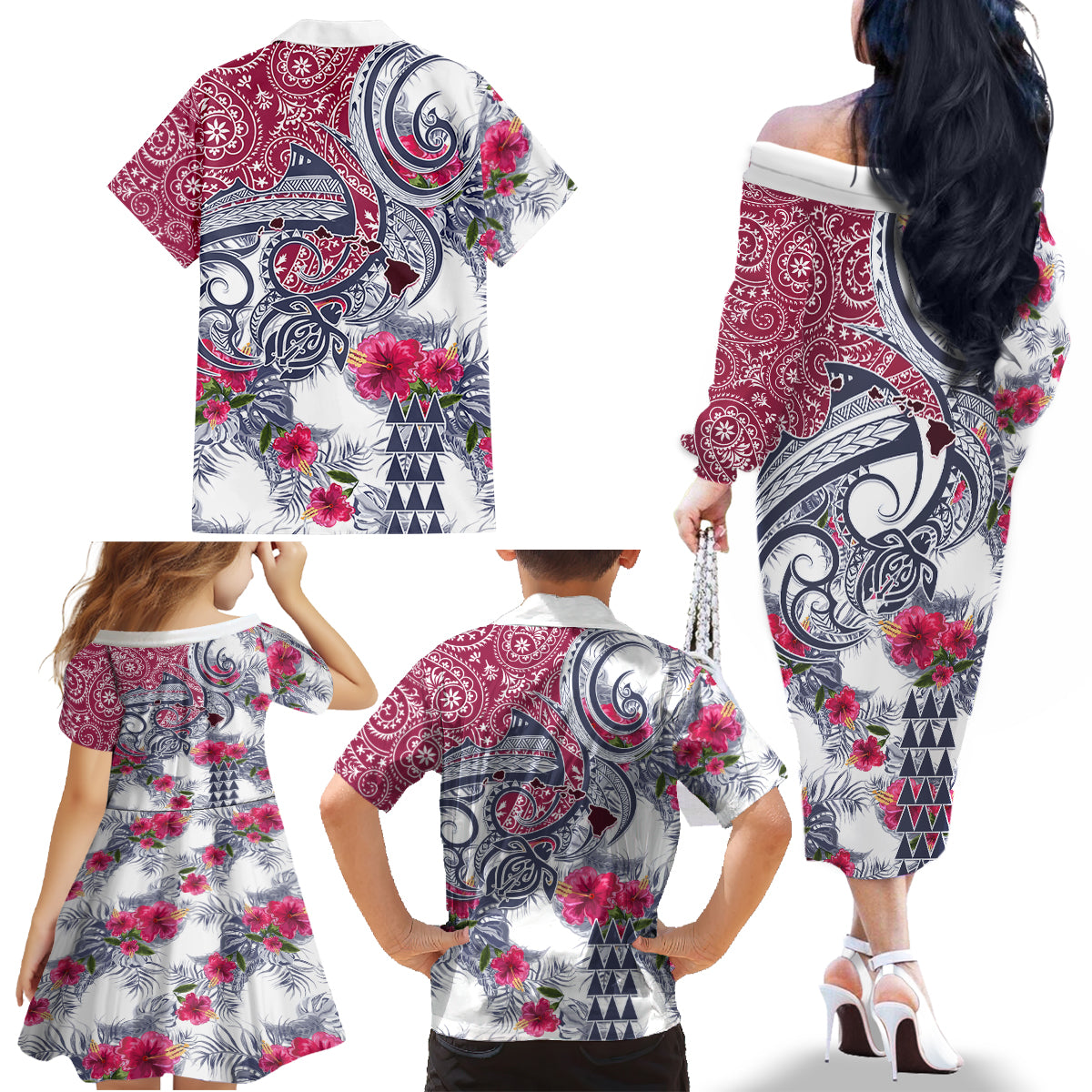 Hawaii Kakau Mix Paisley Pattern Family Matching Off Shoulder Long Sleeve Dress and Hawaiian Shirt Polynesian Tropical Unique Style - Wonder Print Shop