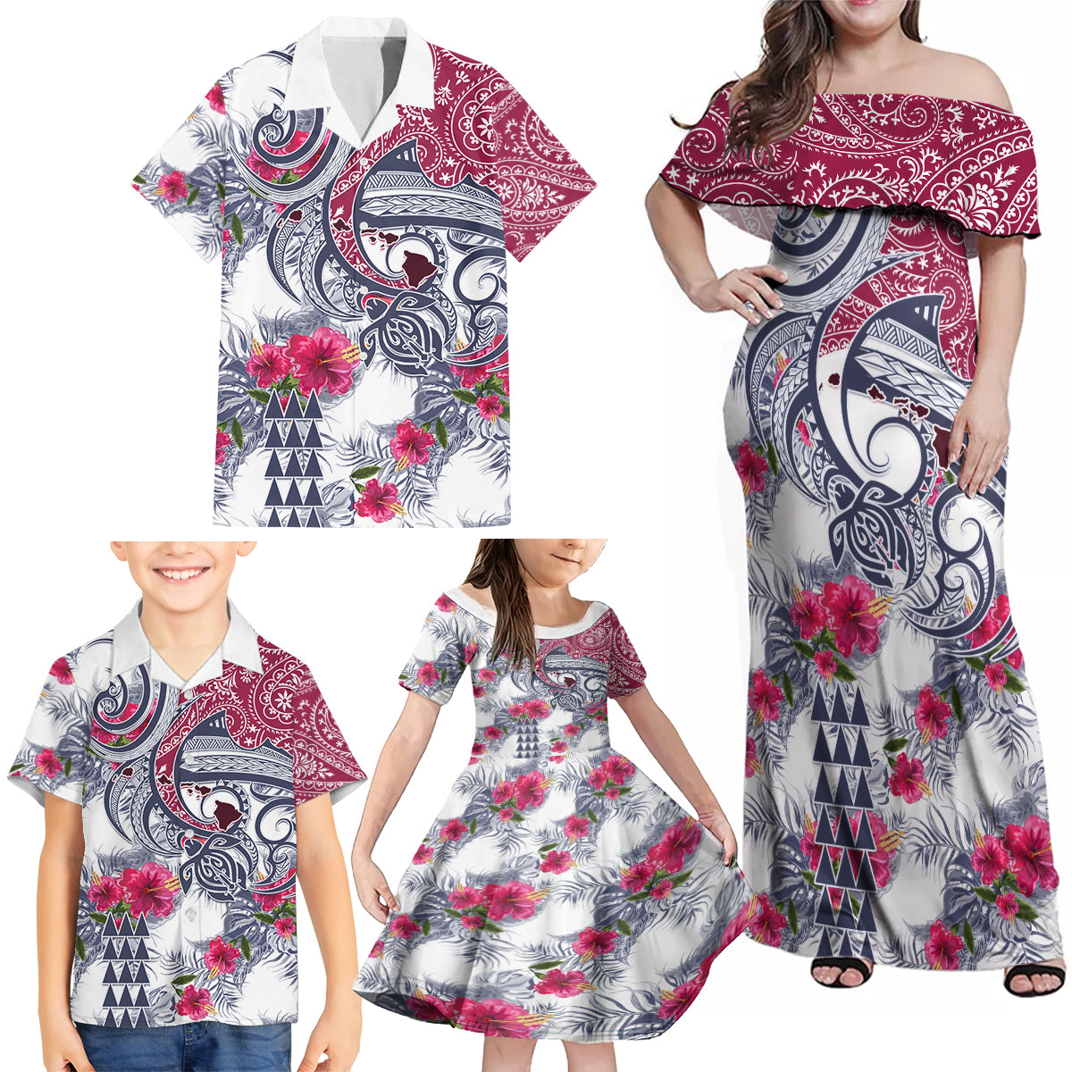 Hawaii Kakau Mix Paisley Pattern Family Matching Off Shoulder Maxi Dress and Hawaiian Shirt Polynesian Tropical Unique Style - Wonder Print Shop