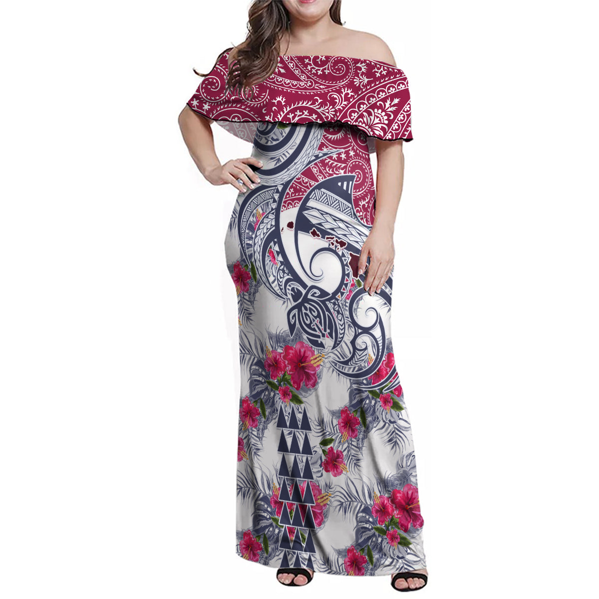 Hawaii Kakau Mix Paisley Pattern Family Matching Off Shoulder Maxi Dress and Hawaiian Shirt Polynesian Tropical Unique Style - Wonder Print Shop