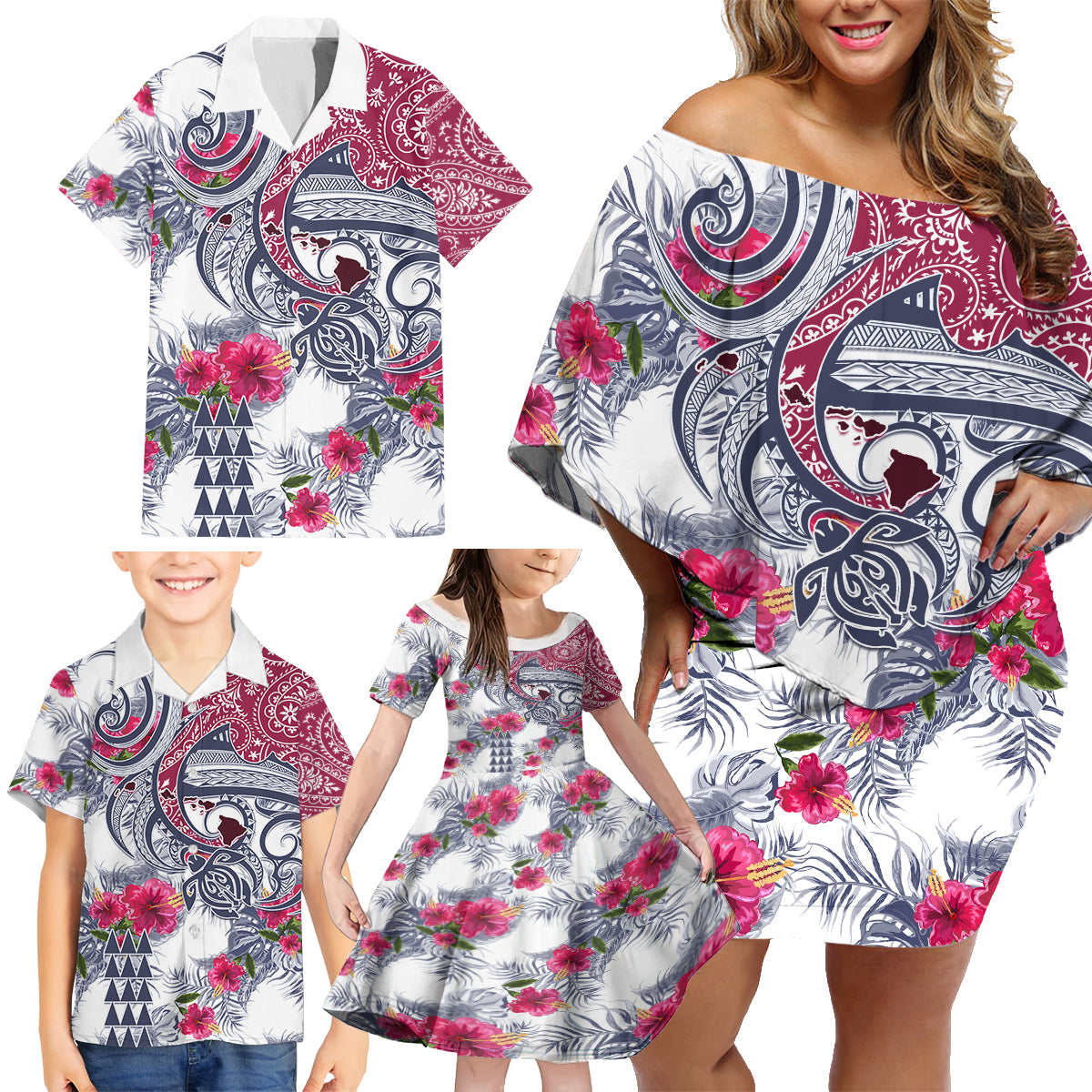 Hawaii Kakau Mix Paisley Pattern Family Matching Off Shoulder Short Dress and Hawaiian Shirt Polynesian Tropical Unique Style - Wonder Print Shop