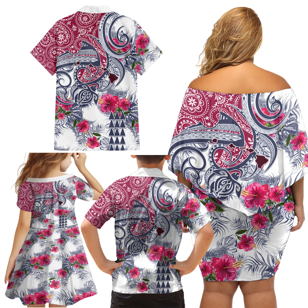 Hawaii Kakau Mix Paisley Pattern Family Matching Off Shoulder Short Dress and Hawaiian Shirt Polynesian Tropical Unique Style - Wonder Print Shop