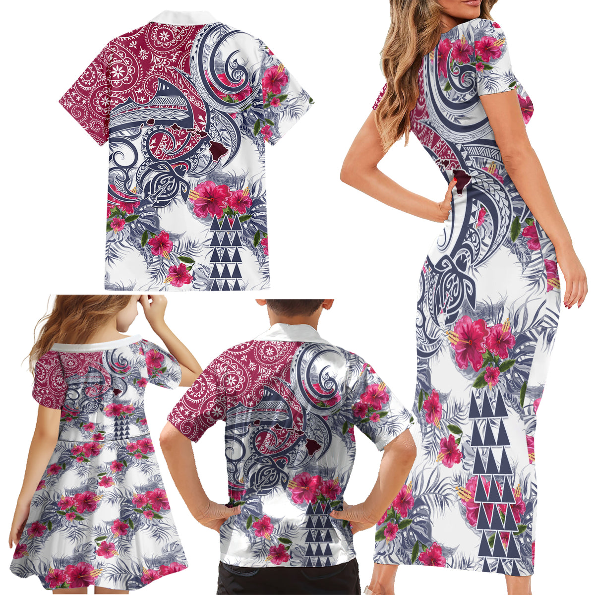 Hawaii Kakau Mix Paisley Pattern Family Matching Short Sleeve Bodycon Dress and Hawaiian Shirt Polynesian Tropical Unique Style - Wonder Print Shop