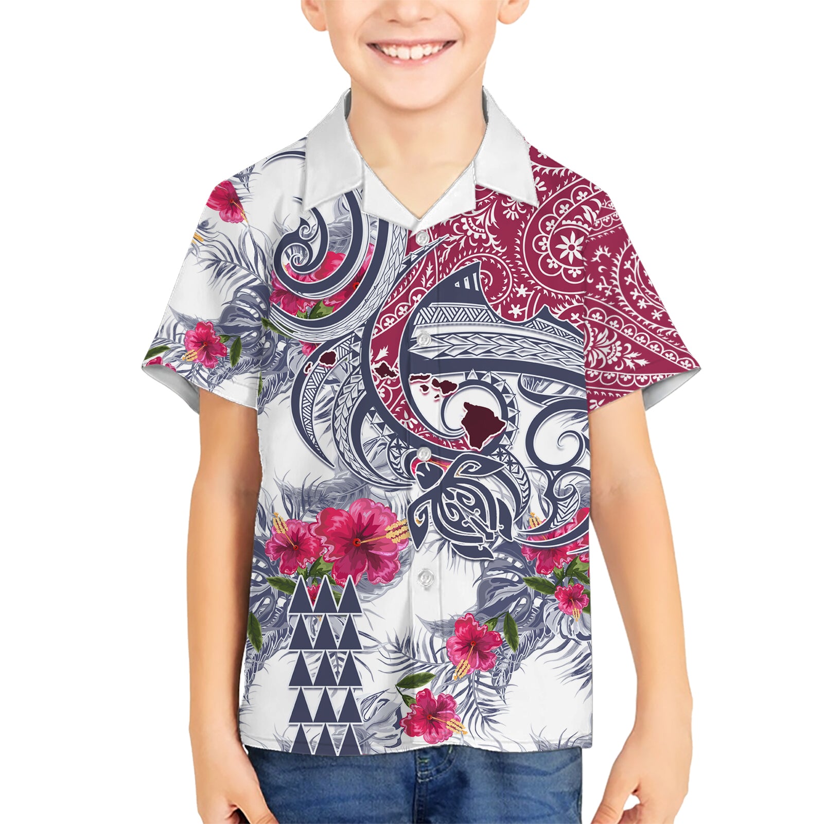 Hawaii Kakau Mix Paisley Pattern Kid Hawaiian Shirt Polynesian Tropical Unique Style - Wonder Print Shop