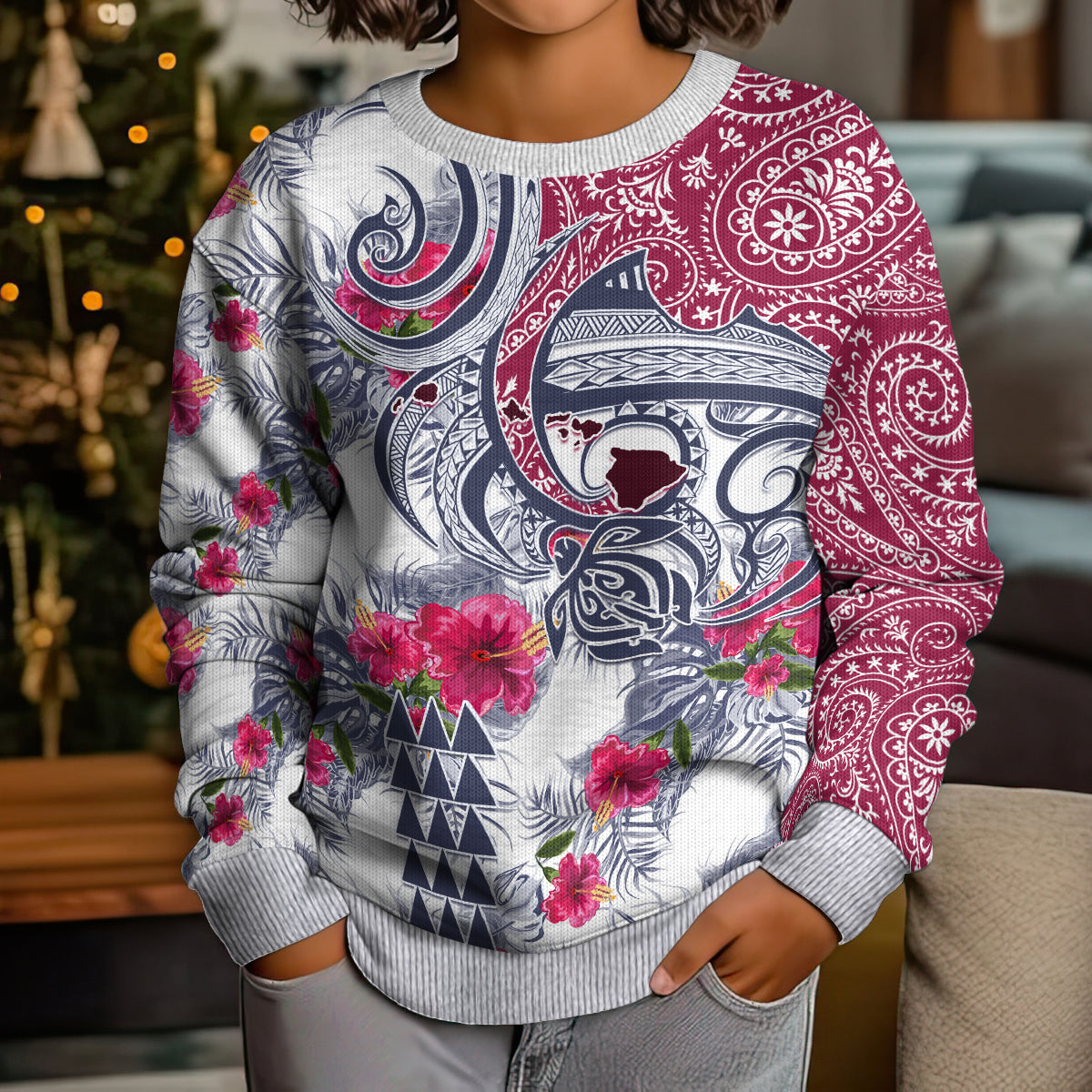 Hawaii Kakau Mix Paisley Pattern Kid Ugly Christmas Sweater Polynesian Tropical Unique Style - Wonder Print Shop