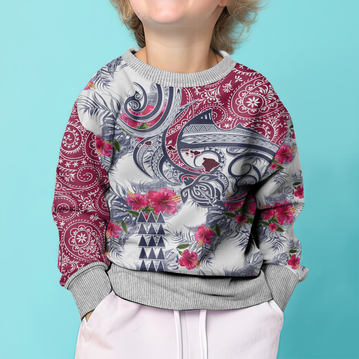 Hawaii Kakau Mix Paisley Pattern Kid Ugly Christmas Sweater Polynesian Tropical Unique Style - Wonder Print Shop