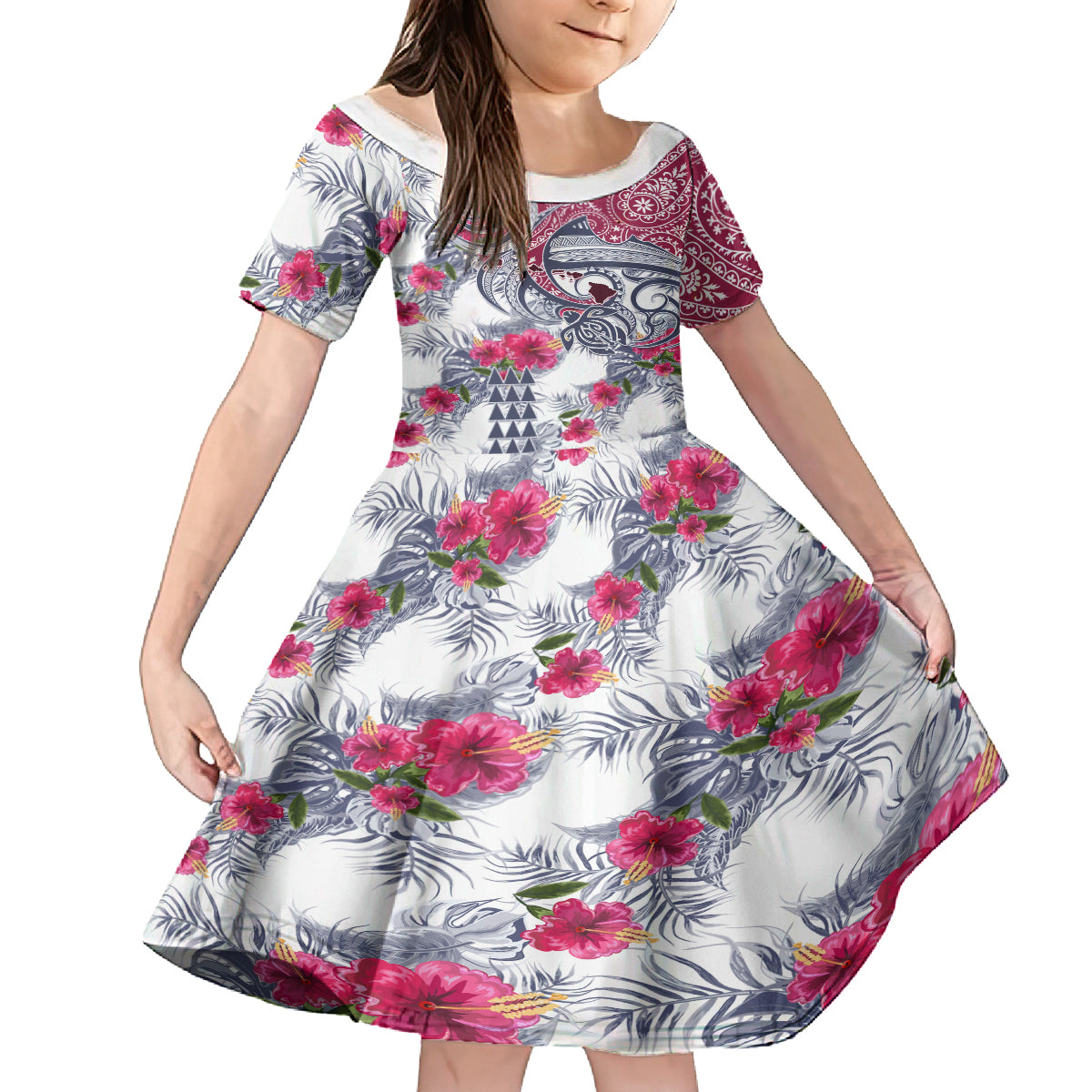 Hawaii Kakau Mix Paisley Pattern Kid Short Sleeve Dress Polynesian Tropical Unique Style - Wonder Print Shop