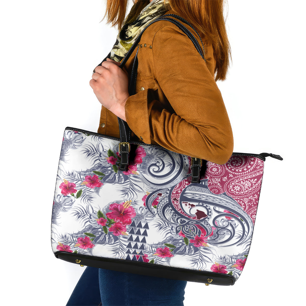 Hawaii Kakau Mix Paisley Pattern Leather Tote Bag Polynesian Tropical Unique Style - Wonder Print Shop