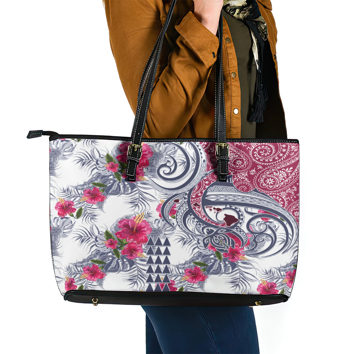 Hawaii Kakau Mix Paisley Pattern Leather Tote Bag Polynesian Tropical Unique Style - Wonder Print Shop