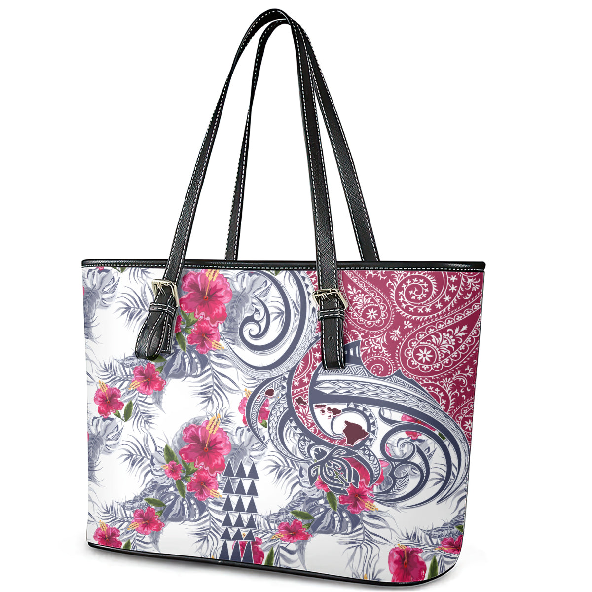 Hawaii Kakau Mix Paisley Pattern Leather Tote Bag Polynesian Tropical Unique Style - Wonder Print Shop