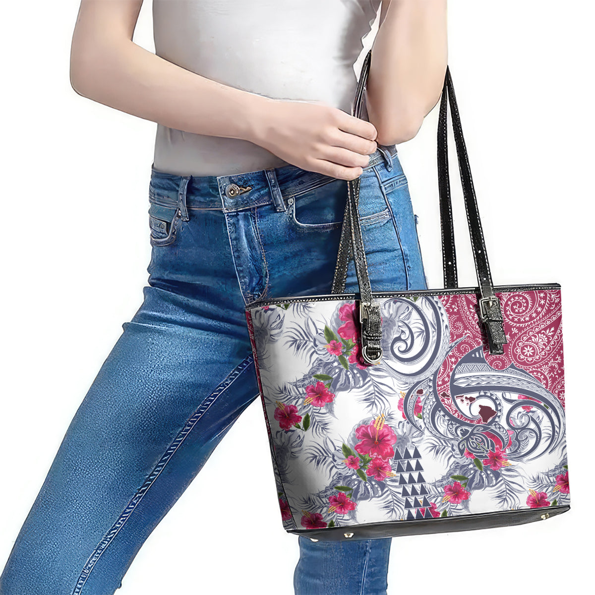 Hawaii Kakau Mix Paisley Pattern Leather Tote Bag Polynesian Tropical Unique Style - Wonder Print Shop