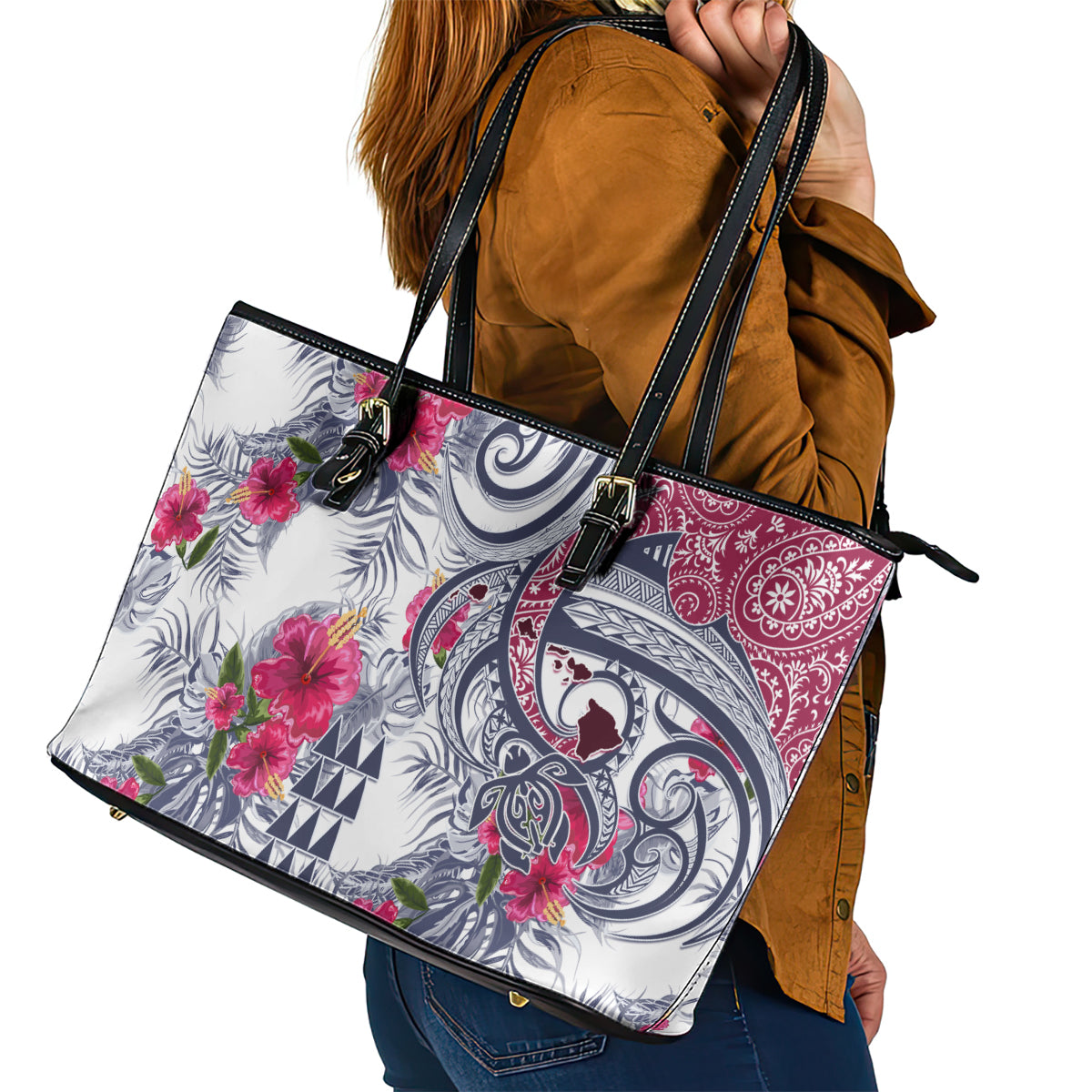 Hawaii Kakau Mix Paisley Pattern Leather Tote Bag Polynesian Tropical Unique Style - Wonder Print Shop