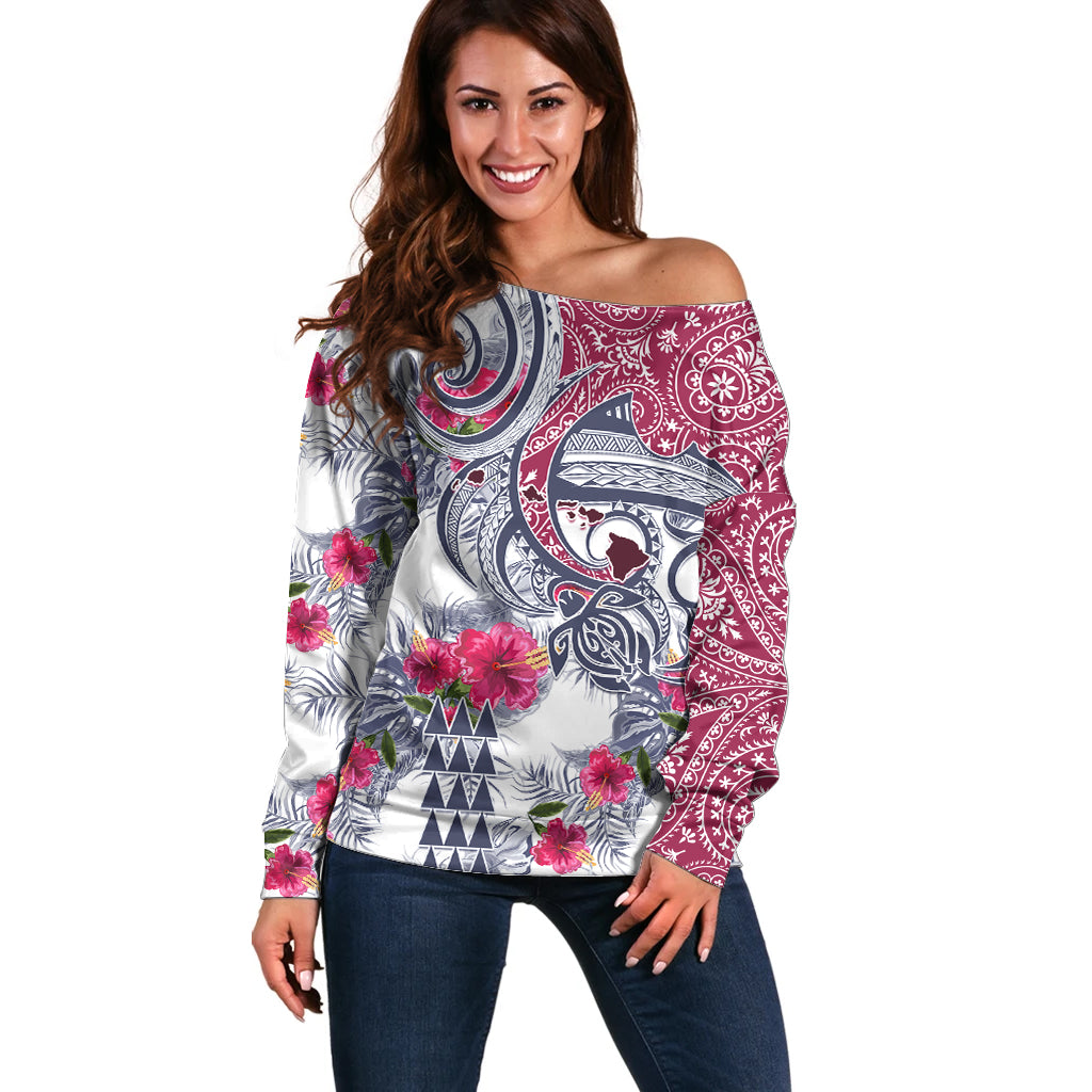Hawaii Kakau Mix Paisley Pattern Off Shoulder Sweater Polynesian Tropical Unique Style - Wonder Print Shop