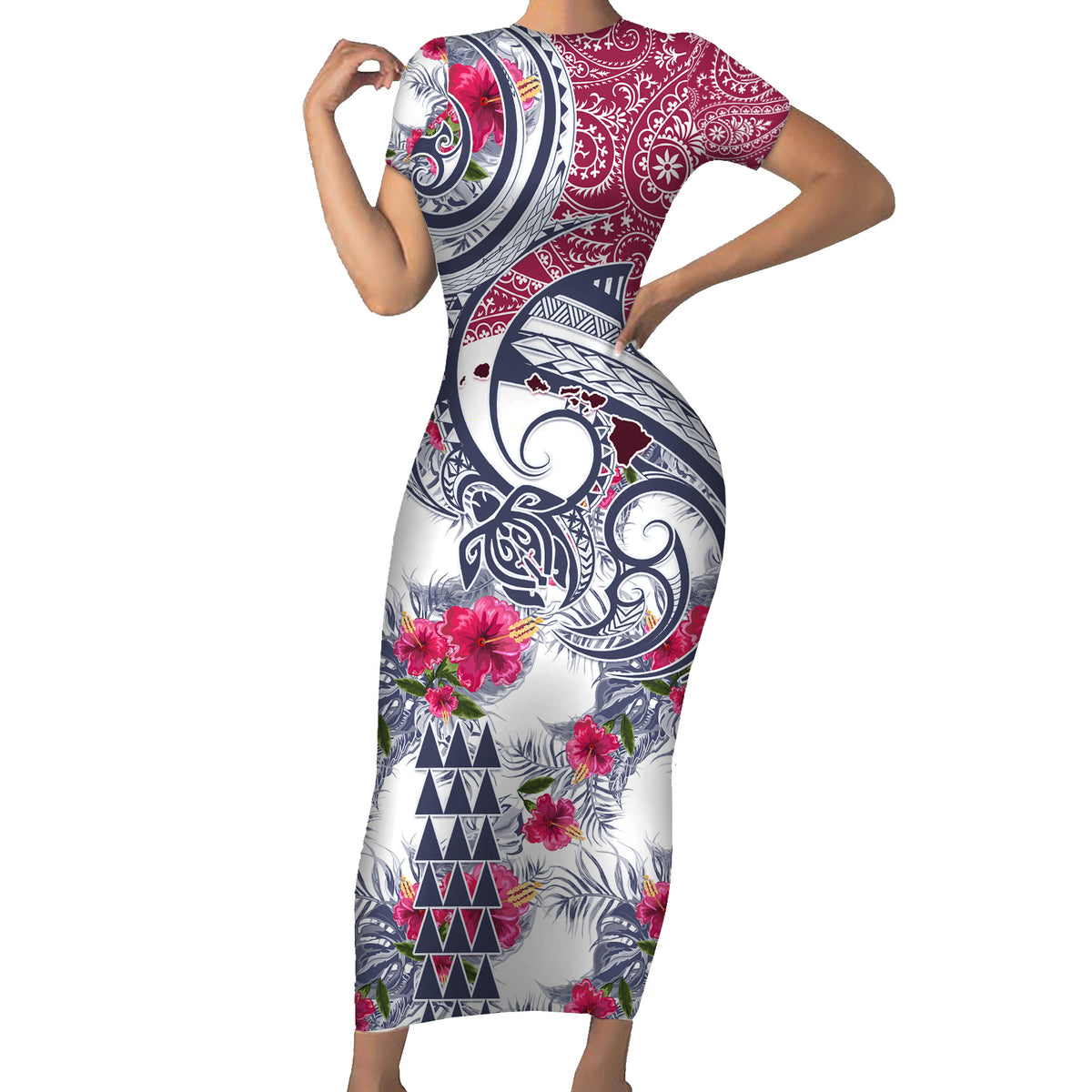 Hawaii Kakau Mix Paisley Pattern Short Sleeve Bodycon Dress Polynesian Tropical Unique Style - Wonder Print Shop