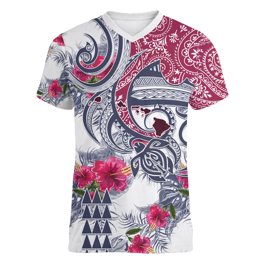 Hawaii Kakau Mix Paisley Pattern Women V Neck T Shirt Polynesian Tropical Unique Style - Wonder Print Shop