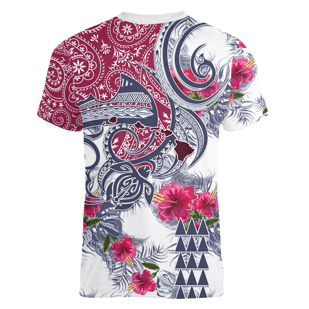Hawaii Kakau Mix Paisley Pattern Women V Neck T Shirt Polynesian Tropical Unique Style - Wonder Print Shop