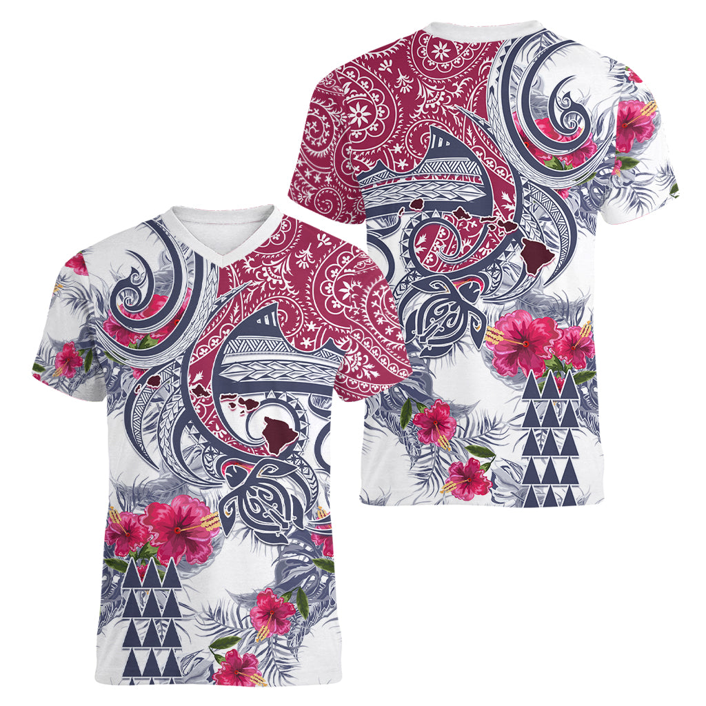 Hawaii Kakau Mix Paisley Pattern Women V Neck T Shirt Polynesian Tropical Unique Style - Wonder Print Shop