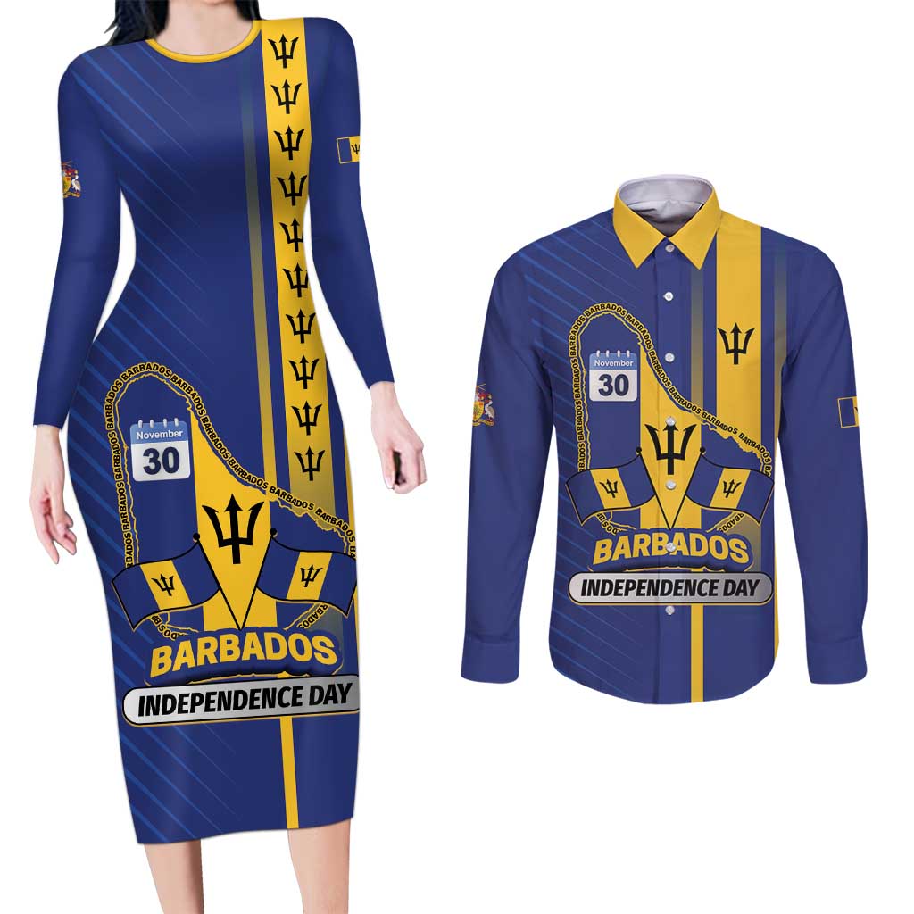 Personalized Barbados 30th November Couples Matching Long Sleeve Bodycon Dress and Long Sleeve Button Shirt Independence Day Flag Map - Wonder Print Shop