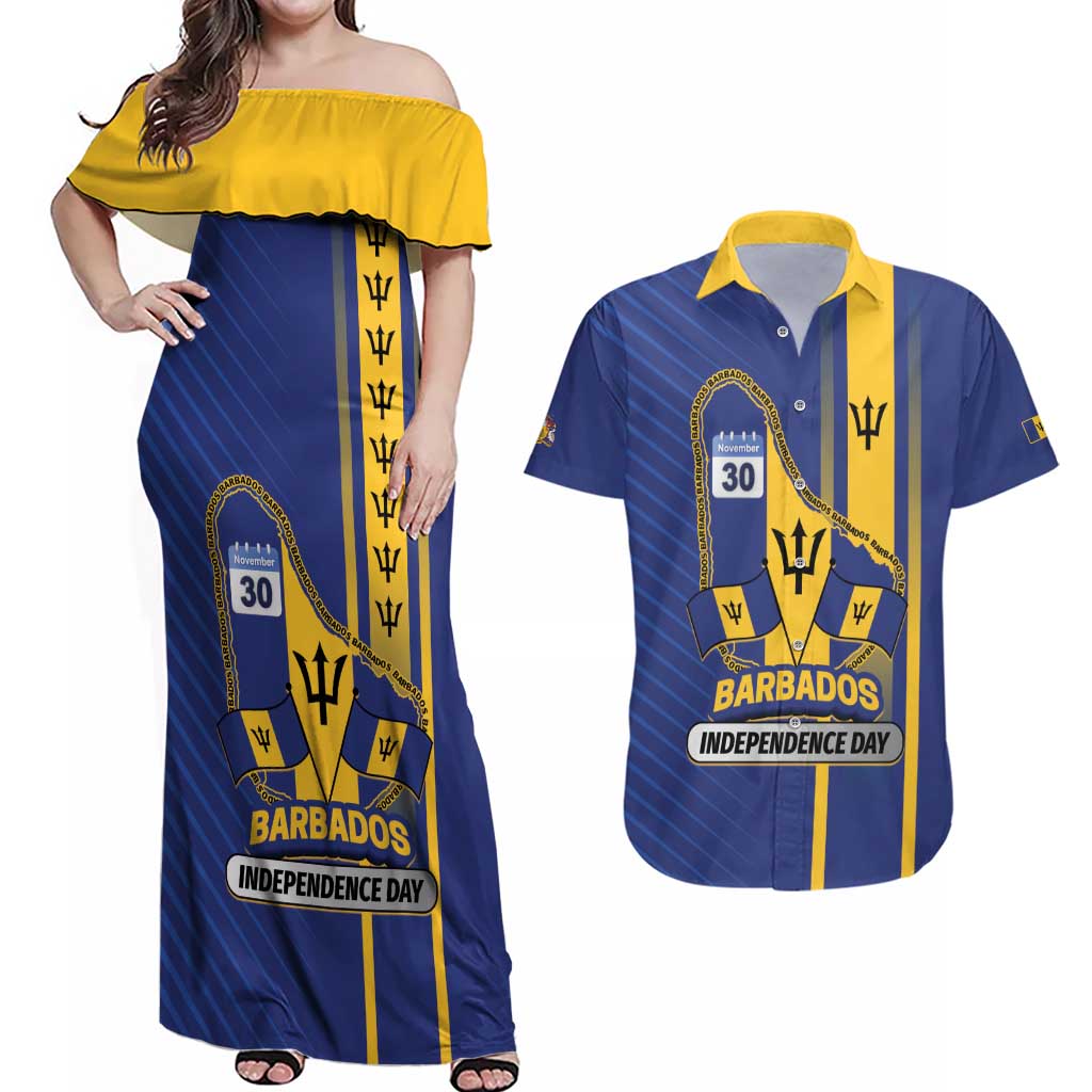 Personalized Barbados 30th November Couples Matching Off Shoulder Maxi Dress and Hawaiian Shirt Independence Day Flag Map - Wonder Print Shop