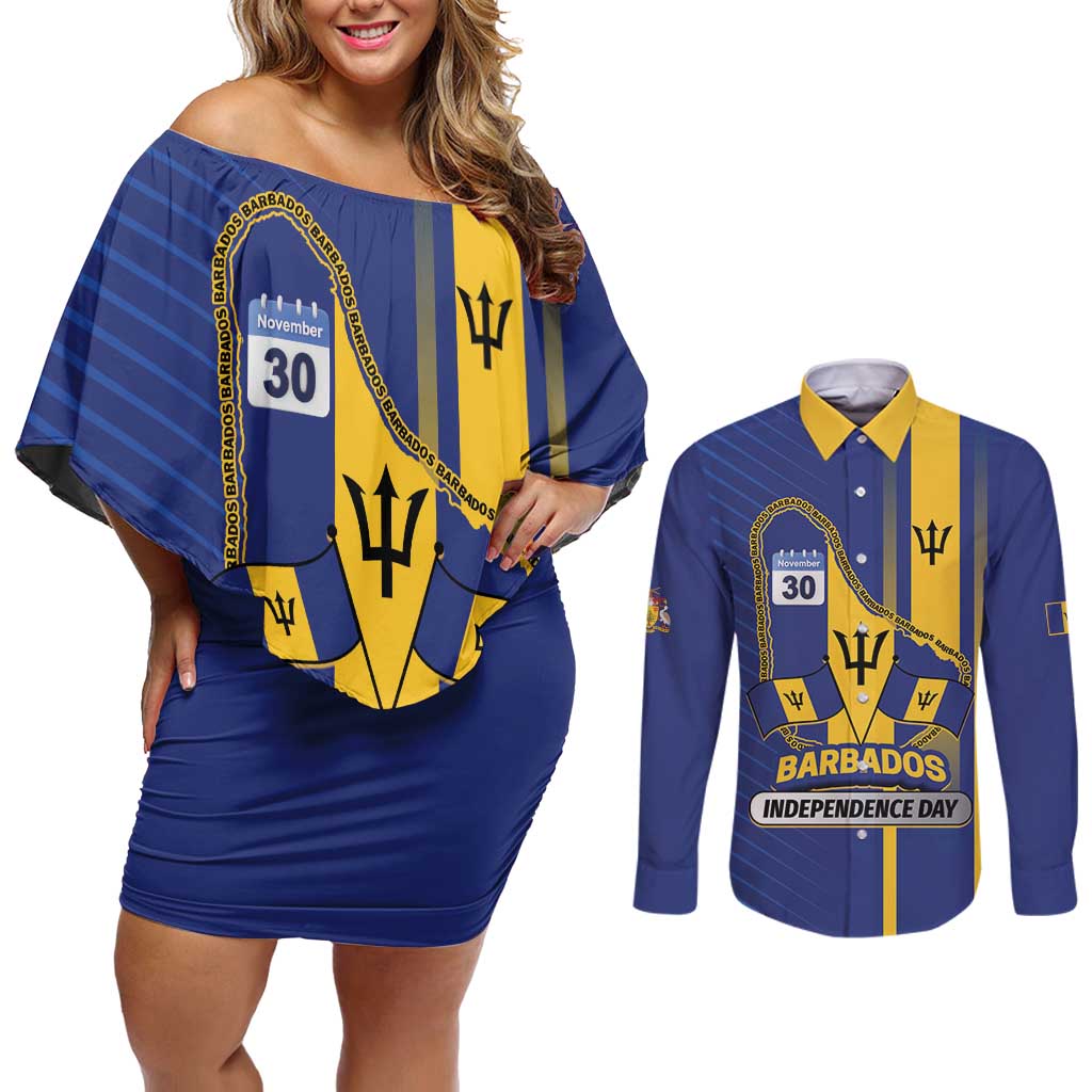 Personalized Barbados 30th November Couples Matching Off Shoulder Short Dress and Long Sleeve Button Shirt Independence Day Flag Map - Wonder Print Shop