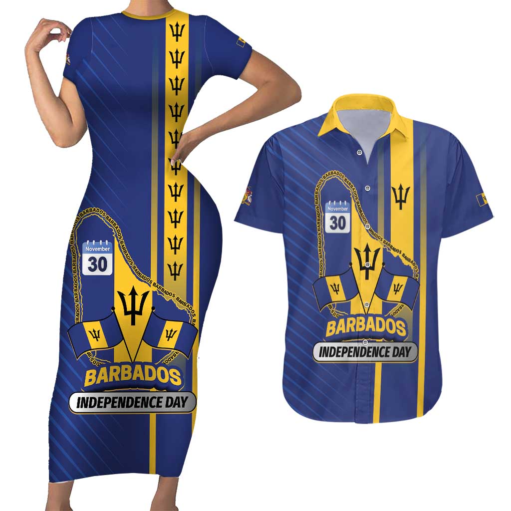 Personalized Barbados 30th November Couples Matching Short Sleeve Bodycon Dress and Hawaiian Shirt Independence Day Flag Map - Wonder Print Shop