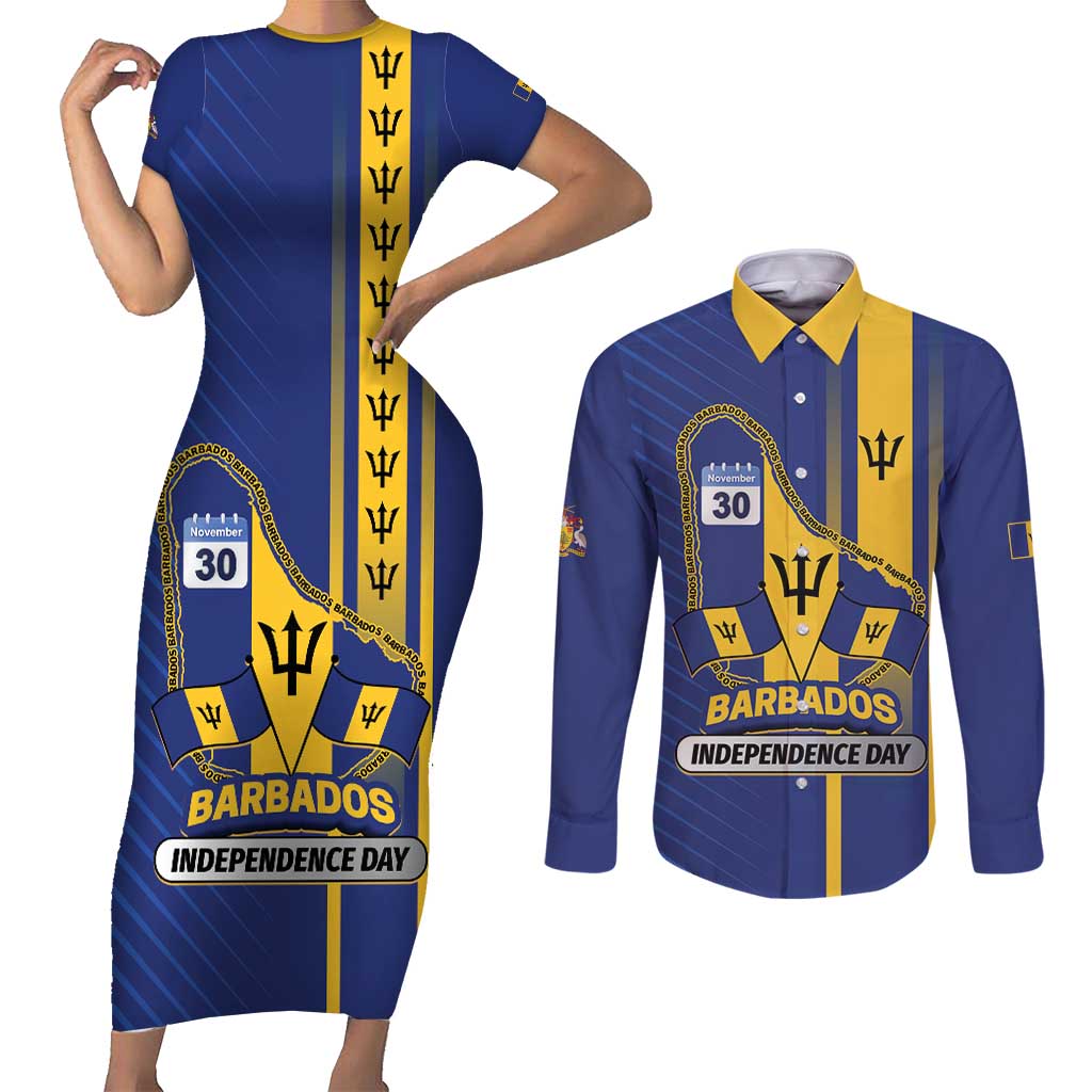 Personalized Barbados 30th November Couples Matching Short Sleeve Bodycon Dress and Long Sleeve Button Shirt Independence Day Flag Map - Wonder Print Shop