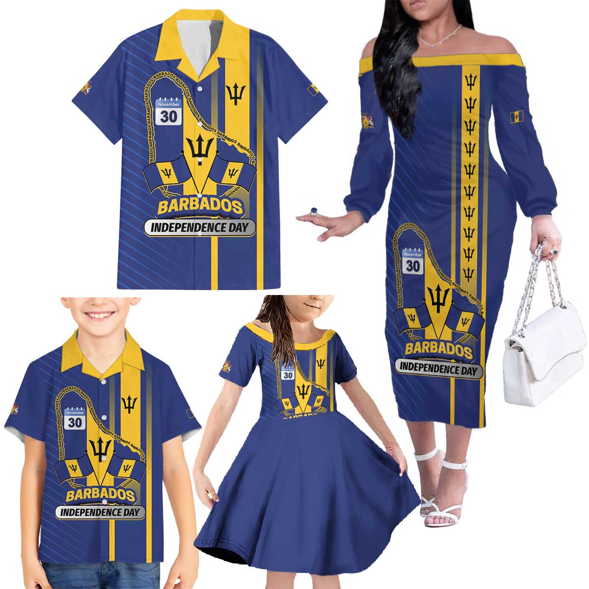 Personalized Barbados 30th November Family Matching Off The Shoulder Long Sleeve Dress and Hawaiian Shirt Independence Day Flag Map - Wonder Print Shop