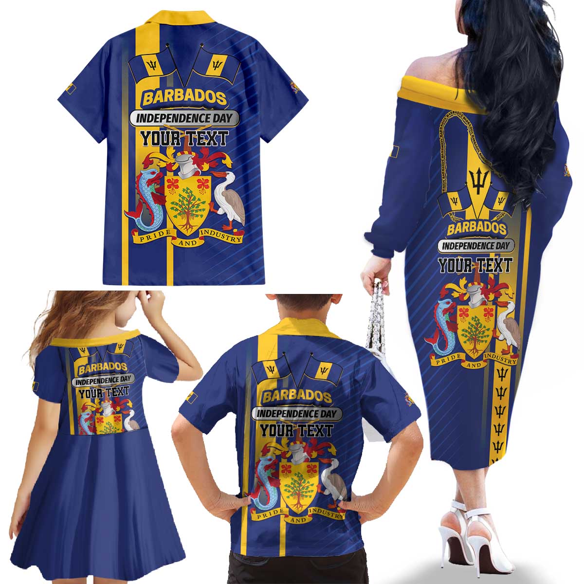 Personalized Barbados 30th November Family Matching Off The Shoulder Long Sleeve Dress and Hawaiian Shirt Independence Day Flag Map - Wonder Print Shop