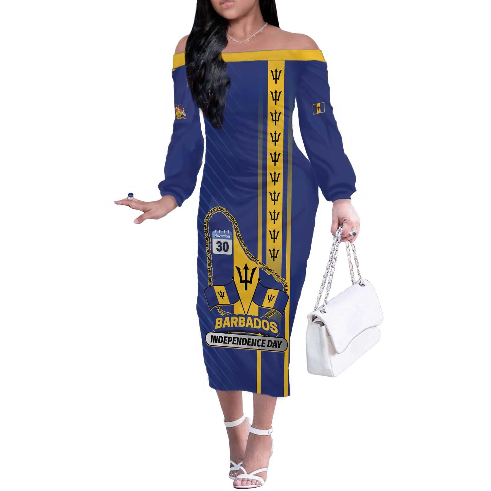 Personalized Barbados 30th November Off The Shoulder Long Sleeve Dress Independence Day Flag Map - Wonder Print Shop