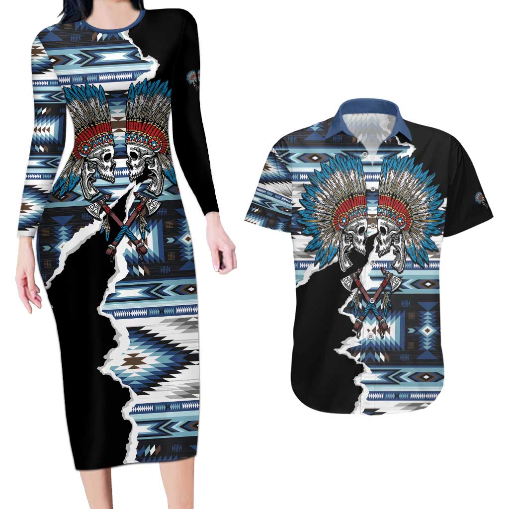 Native American Chief Skull With Axe Couples Matching Long Sleeve Bodycon Dress and Hawaiian Shirt - Wonder Print Shop