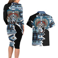 Native American Chief Skull With Axe Couples Matching Long Sleeve Bodycon Dress and Hawaiian Shirt - Wonder Print Shop