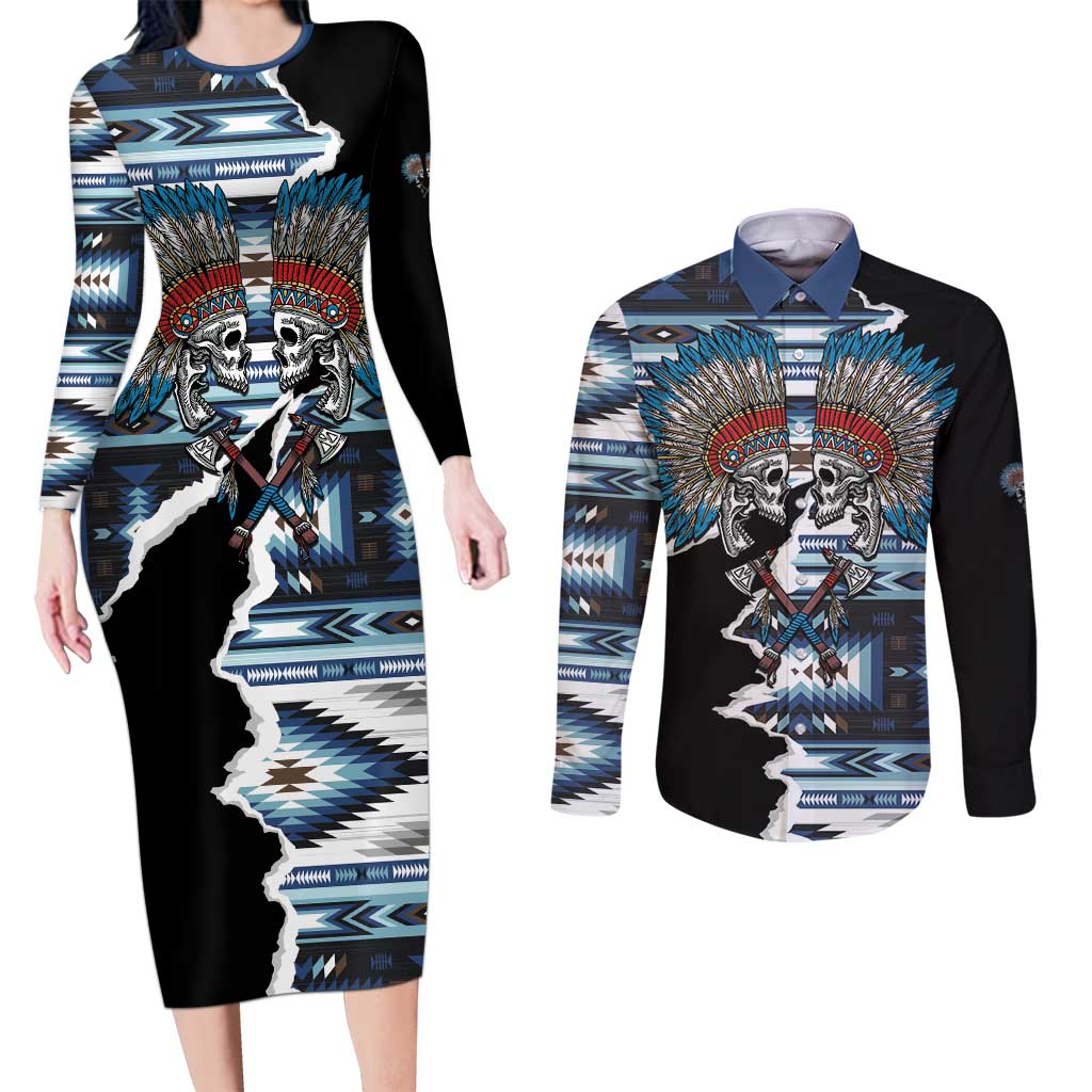 Native American Chief Skull With Axe Couples Matching Long Sleeve Bodycon Dress and Long Sleeve Button Shirt - Wonder Print Shop
