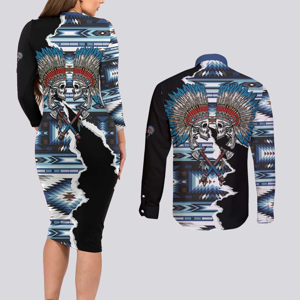 Native American Chief Skull With Axe Couples Matching Long Sleeve Bodycon Dress and Long Sleeve Button Shirt - Wonder Print Shop