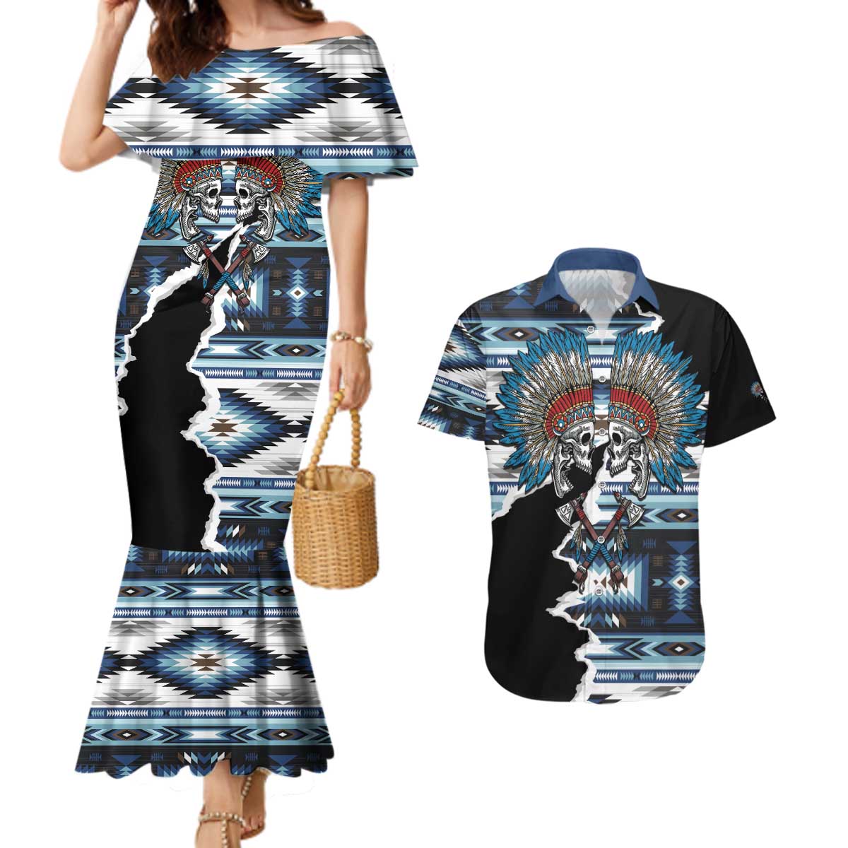 Native American Chief Skull With Axe Couples Matching Mermaid Dress and Hawaiian Shirt - Wonder Print Shop