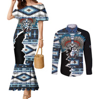 Native American Chief Skull With Axe Couples Matching Mermaid Dress and Long Sleeve Button Shirt - Wonder Print Shop