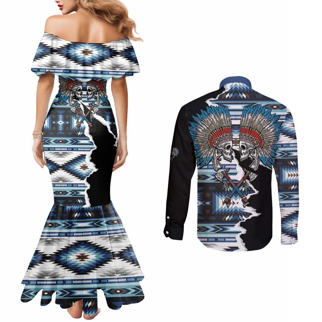 Native American Chief Skull With Axe Couples Matching Mermaid Dress and Long Sleeve Button Shirt - Wonder Print Shop