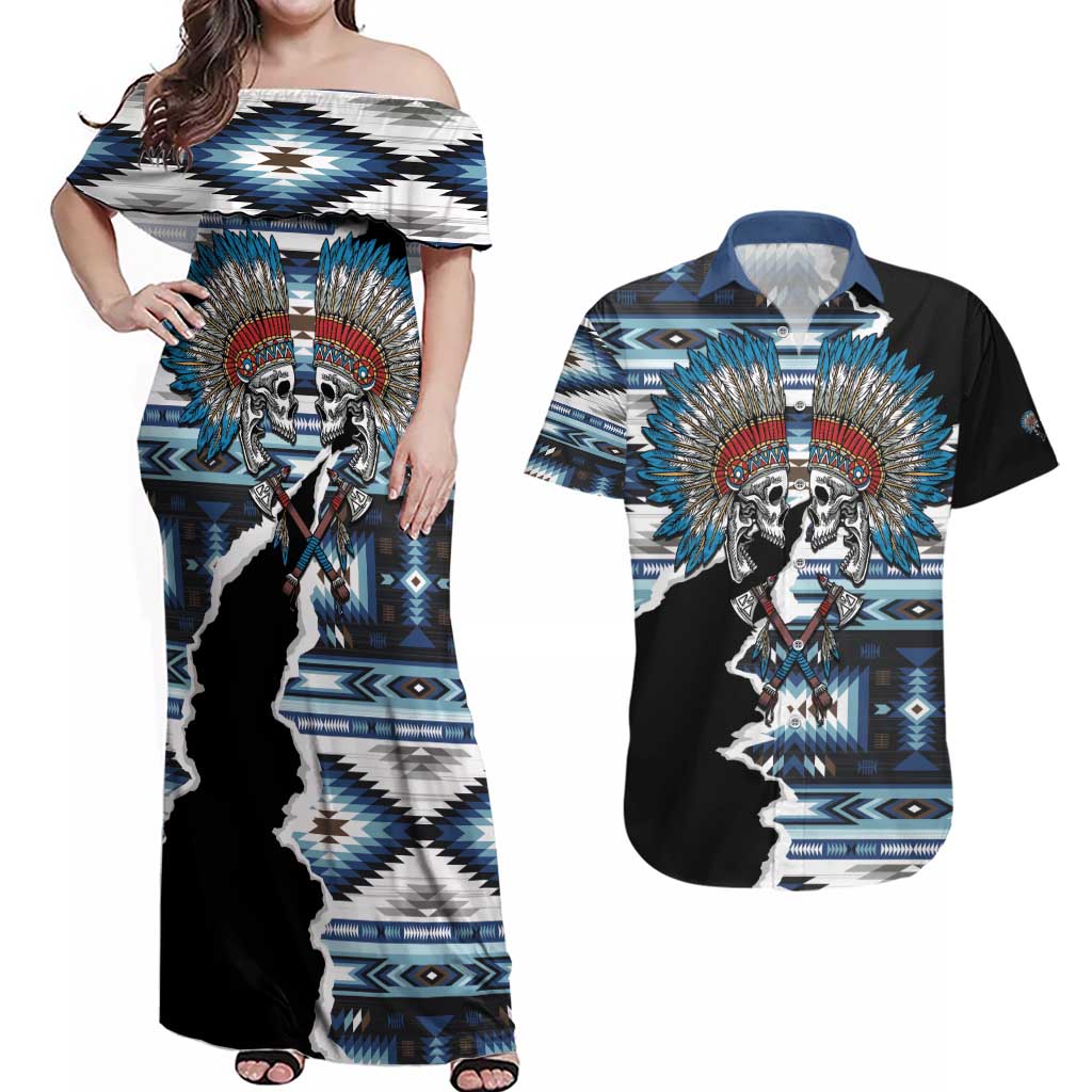 Native American Chief Skull With Axe Couples Matching Off Shoulder Maxi Dress and Hawaiian Shirt - Wonder Print Shop