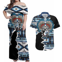 Native American Chief Skull With Axe Couples Matching Off Shoulder Maxi Dress and Hawaiian Shirt - Wonder Print Shop